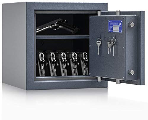 Secureo Kurzwaffentresor Grad 1 EN 1143-1 Osprey 2 | H400xB420xT420 | Doppelbartschloss mit 3 Schlüssel | ECB-S zertifiziert | inkl. Waffenhalter für 6 Kurzwaffen | 1 Fachboden | 53 kg