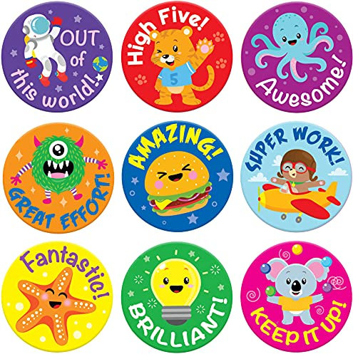 Sweetzer & Orange Reward Stickers for Teachers, 1008 Decals for Kids in 9 Designs, 1 Inch School Tags on Sheets, Classroom Teacher Supplies, Potty Training Badges and Motivational Chart