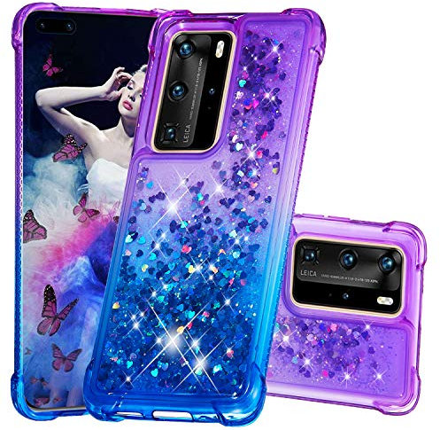 Hülle Glitzer für Huawei P40 Pro, Handyhülle Quicksand Gradient Glitzer, FlüssigTreibsand TPU Silikon Cover, Anti-Fall Stoßfeste Bumper Schutzhülle Protective Case,Lila-Blau