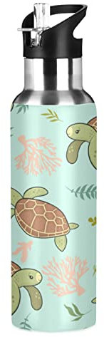 Vnurnrn Dessin Animé Tortue De Mer Verte Bouteille d'eau Isotherme avec Paille en Acier Inoxydable Gourde 600ML, Sans Bpa Gourdes Eau pour Enfant Sport Randonnée École Bureau