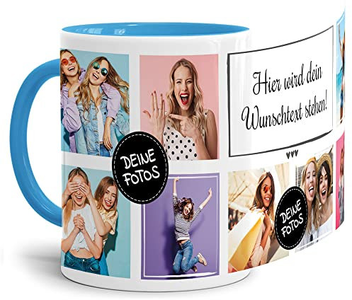 Foto-Tasse selbst gestalten mit Text & Collage für 8 Fotos - Geschenk für Familie, Freunde, Geburtstag, Weihnachten - Keramik Innen & Henkel Hellblau, 300 ml I Personalisiert