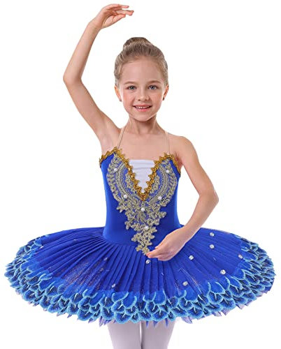 IBAKOM Mädchen Ballettkleid Spaghettiträgern Ballett Tanzkleid Schwanensee Spitze Perlen Camisole Trikot Turnanzug Tutu Kostüm Eiskunstlauf Tanzkleidung Ballerina Outfit Königsblau 11-12 Jahre