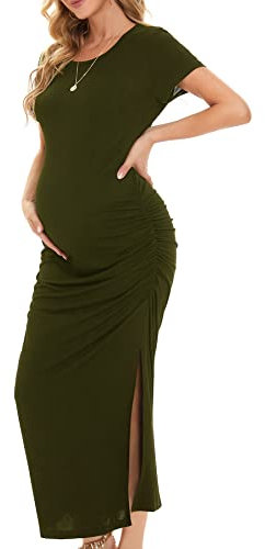 Smallshow Femme Longue Robe Grossesse Fente latérale Robes Maternité Army Green L