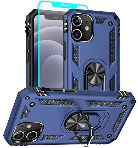 Aozuoton for iphone 12 Case, iphone 12 Pro Phone Case with HD Screen Protector, [Military Grade 16ft. Drop Tested] Ring Shockproof Protective Phone Case for iphone 12 Blue