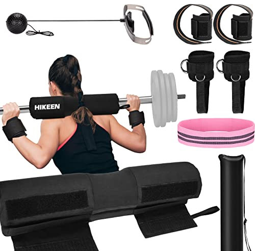 Boosteady Langhantel Polster Pad Set, Fitness Pads Hip Thrust Polster Rutschfeste Verdickung Barbell Squat Pad mit Widerstandsbänder Wrist Wraps Fußschlaufen-Kabelzug Reflexball