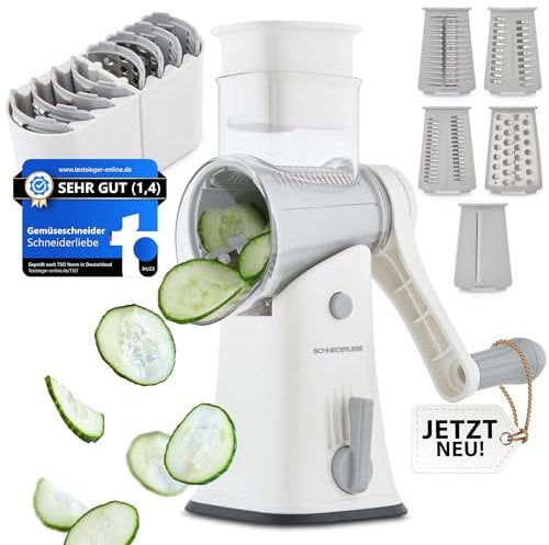 SCHNEIDERLIEBE Trancheuse à légumes, râpe à légumes, râpe à tambour, râpe à fromage en acier inoxydable, râpe à légumes avec manivelle et divers accessoires