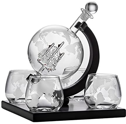 Neues Whisky-Dekanter-Globus-Set mit 4 geätzten Globus-Whiskygläsern – für Likör, Bourbon, Wodka