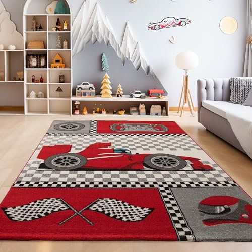 SIMPEX Teppich Rund Kinderzimmer Rennwagen Design Rot Kurzflor Kinderteppich mädchen Spielteppich Modern Design Babyzimmer Teppiche für Junge und Mädchen Extra Weich 120 cm Rund