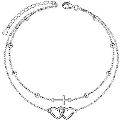 HOOHWE Fußkettchen für Damen 925 Sterling Silber Kreuz Herz fußkette für Frauen Klassische Sommer Beach Fußkettchen Armbänder Schmuck für Frauen und Mädchen Layered Ankle Bracelet Geschenk