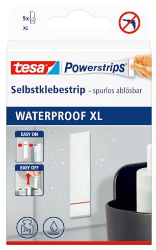 tesa Powerstrips® Waterproof Strips XL - wasserfeste, doppelseitige Klebestreifen für Küche Bad, bis zu 3 kg Haltekraft - 1 x 9 Streifen