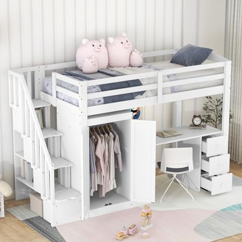 AMDXD 90 x 200cm Hochbett mit Kleiderschrank und Treppe, Schreibtisch und Schubladen und Schrank in einem, Kinderbett Hausbett, Weiß