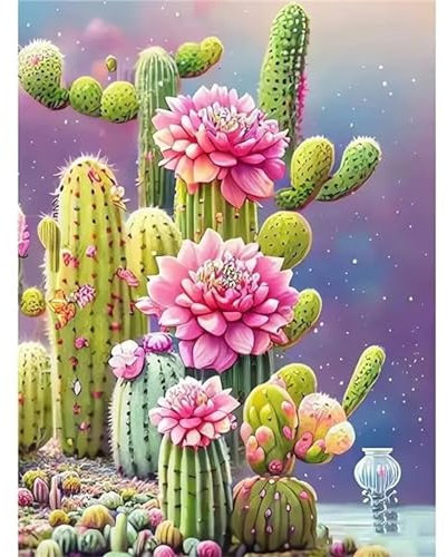 Yoonqun Malen Nach Zahlen Erwachsene,Kaktus Blumen DIY Ölgemälde auf Leinwand Erwachsene Kinder Ölgemälde Kit mit Pinseln und Acrylfarbe für Home Décor (mit Rahmen) 60x75cm