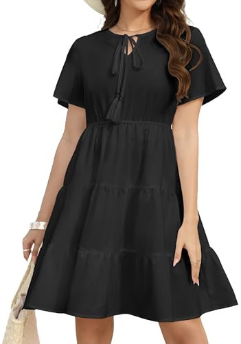Hotouch Sommerkleider Damen Lässiges Kurzarm Strandkleid Damen Rundhals Sommerkleid A Linie Swing Kleid Shirtkleid Schwarz XL