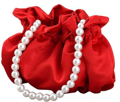 Wisafory Clutch Tasche Damen Satin Handtasche mit Perlen Griff Abendtasche Kleine Eimertasche Brauttasche Kleidertasche Puppentaschen für Frauen Mädchen Hochzeit Party Accessoire Rot