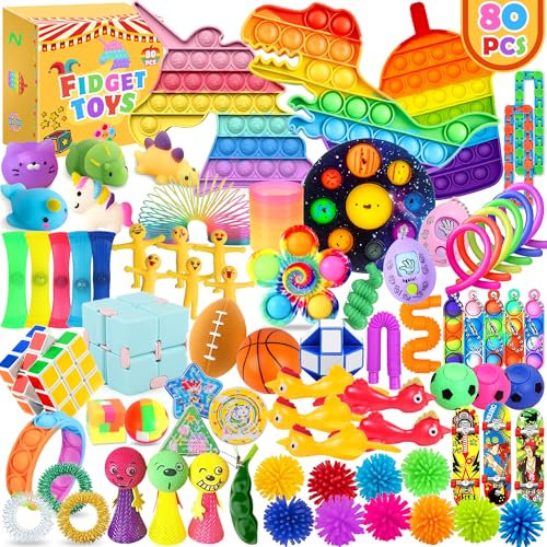 Chennyfun Fidget Sensory Toy Set, 80PCS Jouet Anti-Stress Kit, Infinity Cube Licorne Jouets Anti-Stress Jouet, à soulagement du Stress pour Enfants avec Soulagement de l'anxiété,Autisme et TDAH