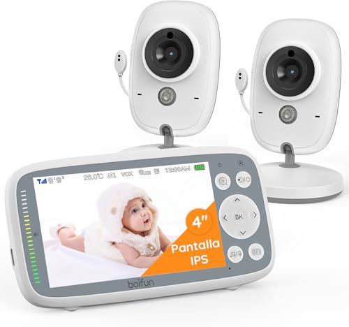 BOIFUN Vigilabebes con 2 Camaras, 720P Pantalla IPS, Zoom 3X, Visión Nocturna Infrarroja Invisible, Barra de Volumen, Modo Eco (VOX), No Requiere WiFi