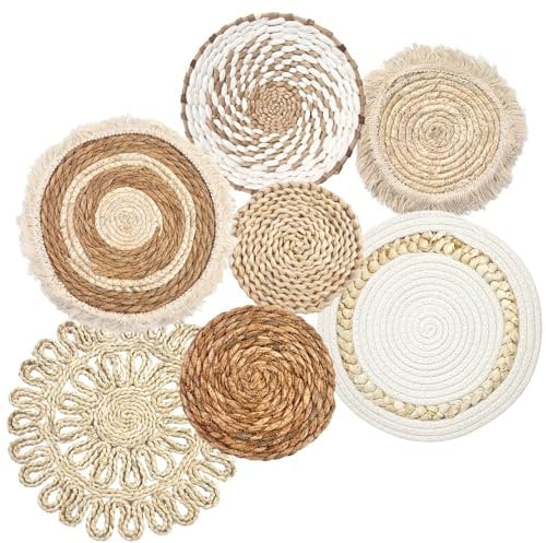 Boho-Wandkörbe, Wandbehang, Rattan-Dekor, flach, rund, gewebt, Wasserhyazinthe, Maisschalen, Bauernhaus, handgefertigt, Makramee, gewebte Körbe für Wohnzimmer, Schlafzimmer, Esszimmer, helle Farbe, 7