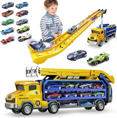 Mostop Toddler Carrier Truck Toys, 2,8 Fuß Rennstrecke Transportautos Spielzeug mit 10 Stanze Metallspielzeugautos, Faltbare 2-Layer-Auto-Rennstrecke Spielset mit 46-Zoll-Rennstrecke