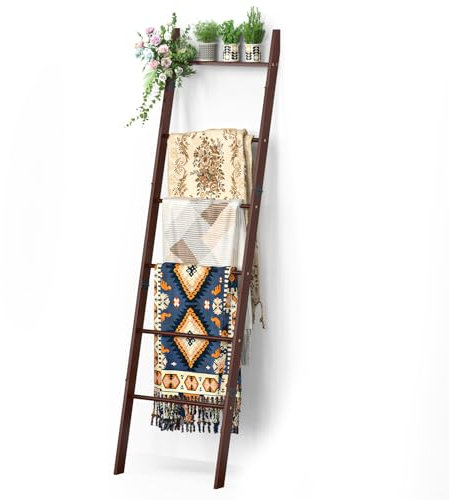 BAMBANG 6-Tier Blanket Ladder for Living Room, Blanket Quilt Ladder Rack Rustic Decorative Towel Holder, Wall Leaning Blanket Ladder Shelf Storage Farmhouse Decor for Bedroom Bathroom, Brown