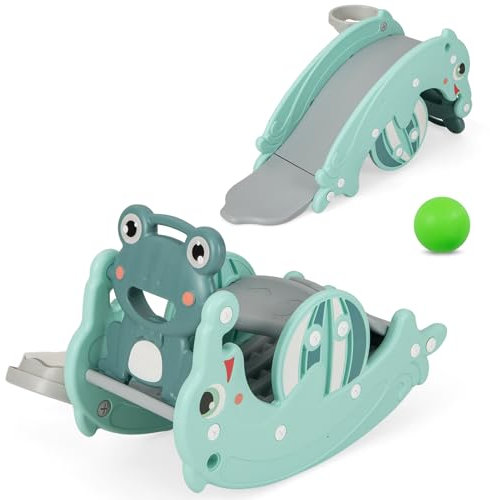 COSTWAY 3 en 1 Toboggan Enfants en HDPE avec Motif Grenouille & Dauphi, Cheval à Bascule d'Intérieur avec Panier de Basketball & Ballon, Charge 25kg pour Enfants de 1,5-3 Ans (Vert)