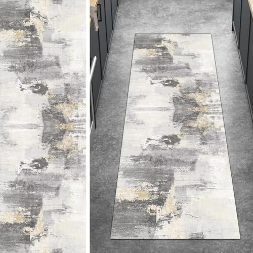Ymural Teppich Läufer Flur Lang Grau 40x150CM Abstrakt rutschfest Teppichläufer Waschbar Küchenläufer Kurzflor Polyester Korridor Schlafzimmer