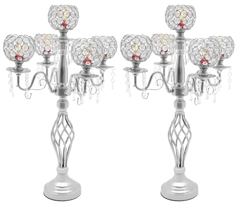RjcdOPL Kerzenständer aus Kristall, 5 Arme, Tischleuchter aus Eisen und Kristall, 54 x 68 cm, Durchmesser der Kerze 4 cm, für Restaurant, Wohnzimmer, Hotel (Silber), 2 Stück