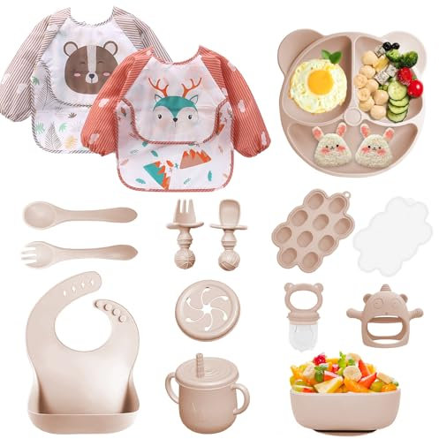 Bizcasa Coffret Repas Bebe 14 pièces, Vaisselle Antiderapant pour Bébé Set Silicone avec Ventouse Assiette Bol Tasse et Bavoir, Sans BPA, Enfant Set Couverts Vaisselle Pour Sevrage Manger (Beige)