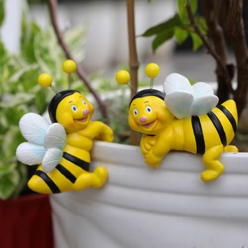 JARPSIRY Set of 2 Cute Climbing Bees Flower Pot Hugger Figurines Resin Hanging Bee Statues Planter Pot Decorations for Home Garden Fence Balcony Patio Lawn Yard Ornaments