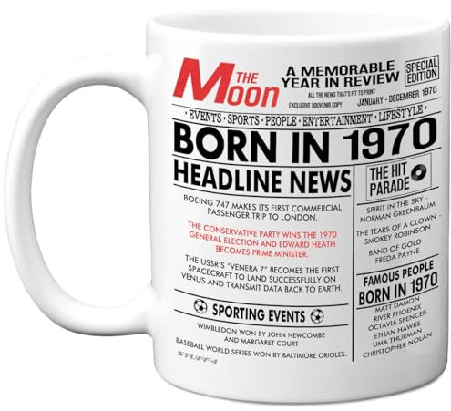 Stuff4 55th Birthday Mug Gift for Men Women - Born in 1970 Newspaper - Happy 55 Birthday Gifts for Mum Dad Uncle Aunt Vintage Retro Back in 1970 Age Fifty-Five Bday, 11oz Ceramic Coffee Mugs