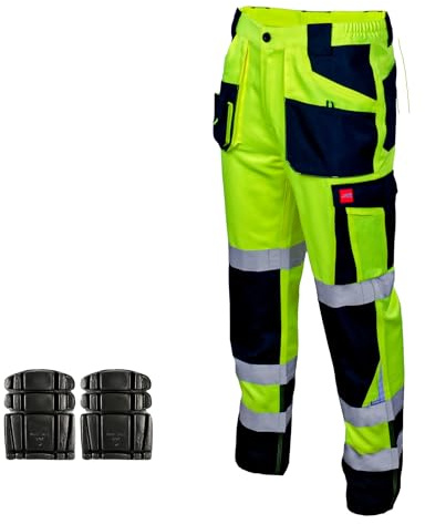 ART.MAS Hi-Vis Yellow Trousers for Men Work Pants Reflective Class 2 Hi-Vis Workwear ISO 20471 Comfortable Construction Highway Railway Maintenance Cargo Pockets (30/32 Inch - 48EU, with Knee Pads)
