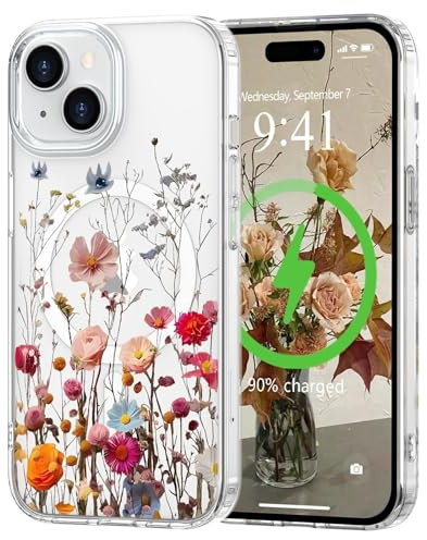 L-FADNUT für iPhone 15 Hülle Transparent Blumen Muster Rot | Magnetisch Handyhülle Kompatibel mit MagSafe, Durchsichtig Schutzhülle Hart PC Rückseite Dünne Stoßfest Kratzfestes Case