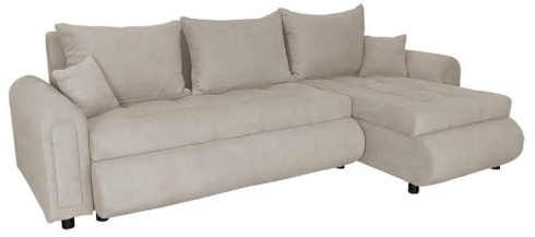 FORNIRO 24 Romeo Ecksofa 143x232x80cm Beige Wohnzimmer Couch Schlafsofa | Mit Schlaffunktion & Bettkasten - L-Form - Kissen - Stoff Basic | ausziehbar Gäste bequem Stauraum Design hochwertig Eckcouch