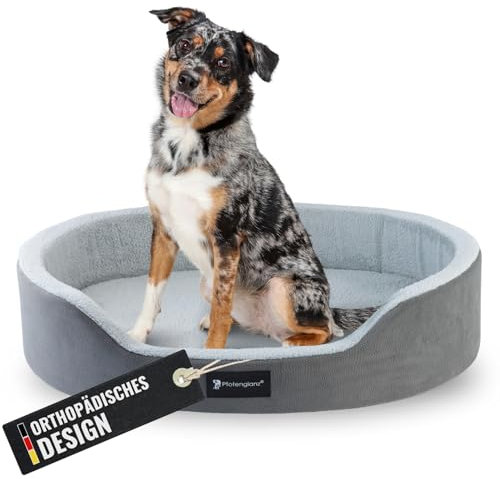Pfotenglanz Orthopädisches Hundebett Hundekorb mittelgroße Hunde Hundekissen waschbar mit Kaltschaum Matratze in grau. 85x65 cm Hundesofa rutschfest Körbchen Hund Tier Kuschelbett flauschig rund (S)