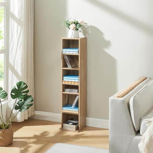 [en.casa] Scaffale a Colonna con 6 Scomparti per CD DVD e Oggetti Decorativi Mobile Salvaspazio con Ripiani Regolabili in Altezza 90 x 20 x 20 cm Effetto Rovere Sonoma