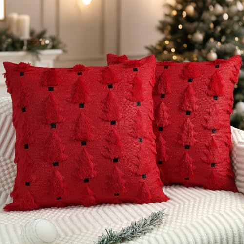 Miaikoe Weihnachtskissenbezüge 40x40 cm Set von 2 weiche Plüsch-Impost-Fell-Weihnachtsbaum-Wurfkissenbezüge für Winterferien-Xmas-Dekoration Rot