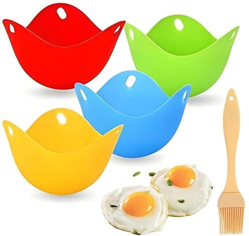 4 Stück Eierpochierer Silikon, Pochierte Eier Form Antihaft mit Ölpinsel | Lebensmittelechtes Silikon, stapelbare Becher, für Topf, Mikrowelle, Mini Omelett, Dampfgerichte, Frühstück und Küche