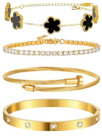 Gkaopi 4 Stück Armband Damen Gold 18K Vergoldet Vierblättriges Kleeblatt Armbänder Set Verstellbare Stapelbare Tennisarmband Cubic Zirkonia Armreif Glücksschmuck für Damen