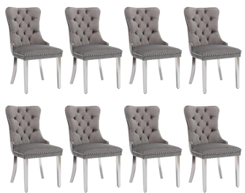 Esszimmerstühle mit gepolstertem Flügelrücken, grau und silber, 8er Set | Weicher Samtbezug, Tufting, Nietenbesatz, Rückenring, silberne Metallbeine. Ideal für Esszimmer, Wohnzimmer, Innendekoration.
