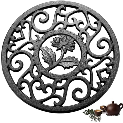 13.2CM Round Cast Iron Trivet with Vintage Carved Pattern, Heat-Resistant Non-Slip Teapot Stand & Hot Pan Mat - Protective Metal Coaster for Kitchen Tabletop, Dining Decor with Anti-Scratch Peg Feet