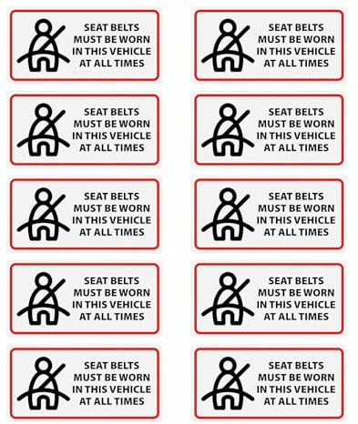 10 Pack Seat Belts Must Be Worn in This Vehicle at All Times Sticker 100 × 50 mm Caution Warning Safety Sign Self Adhesive Vinyl Waterproof Decal for Car Taxi Truck Business Window