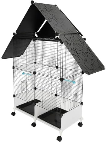 Vogelkäfig Groß Vogelbauer 2 Etagen mit 6 Rädern 1 Haupttür 4 Kleine Seitentüren für Kleine und Mittlere Vögel (Schwarz)