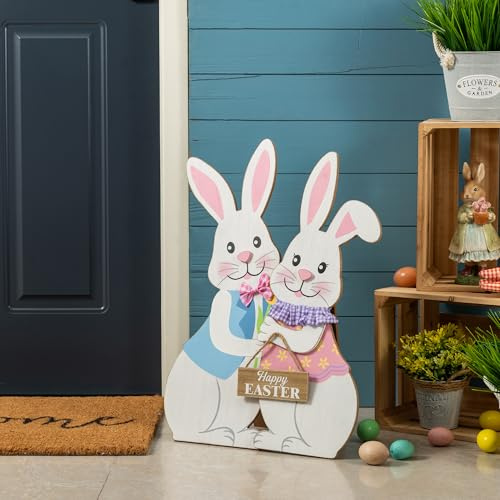 Glitzhome Set of 2 24H Easter Wooden Bunny Porch Decor,Vertical Welcome Sign for Front Door Outdoor Spring Easter Party Decor