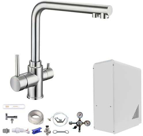 Tafelwasseranlage 10 L/h – BieTal® Wasserspender mit Sprudelwasserfunktion, Festwasseranschluss, gekühlt & still, 3-Wege L Wasserhahn Edelstahl, CO2-System, ideal für Büro & Gastronomie