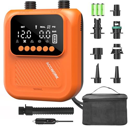 Pompa SUP Ricaricabile 20 Psi | Arresto Automatico, Gonfiare/Sgonfiare Pompa Batteria Elettrico Gonfiatore Materassi Gonfiabili, 7 Ugelli Per Sup, Canoa, Barca, Tenda, Kayak Gonfiabil