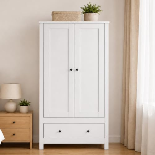 Homelora Wooden Heavy-Duty Wardrobe with 2 Doors, 1 Large Drawer and Hanging Rail, Freestanding Kids Bedroom Clothes Storage Cabinet for Small Children Bedrooms and Compact Spaces, 40KG