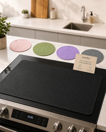 powfix Ceramic Hob Protector, Hob Covers 70 x 50 cm Silicone Stove Top Cover with 4 Round heat proof mat, Black Counter Mat for Cool Glass Electric Cookers, Food Prep, Dish Drying and Table Protection