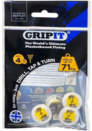 GripIt Gelb 15 mm Gipskarton-Befestigungen für Ständerwände – Maximale Belastung 71 kg (4 Stück)