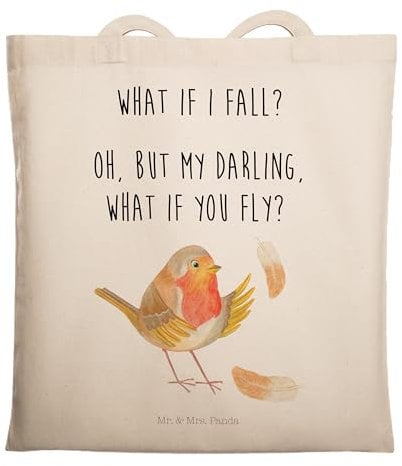 Mr. & Mrs. Panda Tragetasche Rotkehlchen Federn - Geschenk, Tüte, Shopper, Strandtasche, Spruch Motivation, Sprüche, fliegen, Tasche, Vogel, Mut, Lustige, Uni