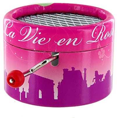 Runde Spieluhr/Spieldose/Musikdose mit Handkurbel aus Pappe - La vie en rose (Louiguy/Piaf).
