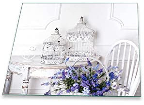 Herdabdeckplatte Abdeckung Ceranfeld Abdeckplatte Schneidebrett 1-Teilig 60x52 Provence Blau Spritzschutz Glasplatte Ceranfeldabdeckung Schutz Kochplatten Herdschutz Sicherheitsglas Glasschneidebrett
